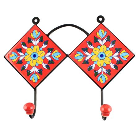 Red Floral Ceramic Tile Hook